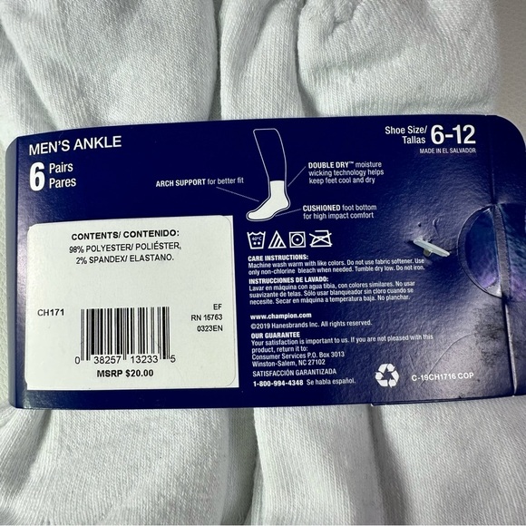 **6 Pack NEW Champion Men's Athletic Ankle Socks - White with Logo - Picture 4 of 5